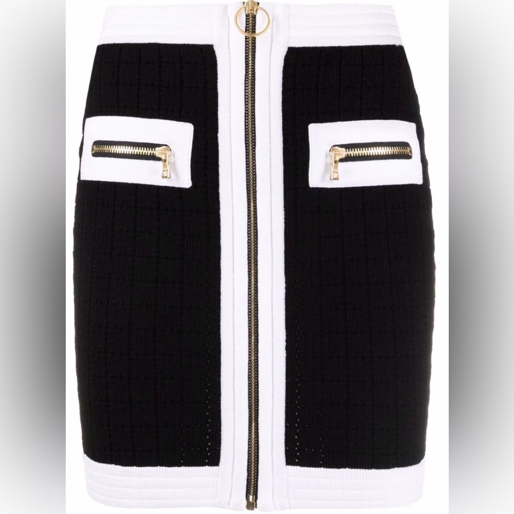 💜Black and White Balmain Square Fitted Mini Skirt